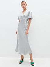 Women Vintage Sliver Ruffled Sleeve Slim Satin Dress Short Sleeve Sexy V neck Solid High Street Elegant Casual Dress Summer