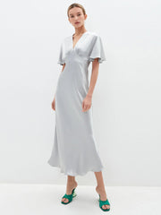 Women Vintage Sliver Ruffled Sleeve Slim Satin Dress Short Sleeve Sexy V neck Solid High Street Elegant Casual Dress Summer