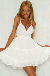 Hoobd Ruffle Solid Mini Dress 2023 Summer Sleeveless Bow Back Chic Sundress Deep V Neck Bohemian Short Beach Dresses for Women