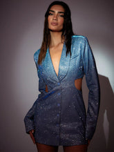 Fantoye Bright Silk Shiny Blazer Dress Women Blue Long Sleeve Single Breasted Hollow Out Party Dress Sexy Elegant Office Outfit