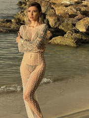 Women Fashion Sexy See-through Beach Long Dress Ladies Bright Diamond Beads Robe Female Summer Mesh Long-sleeved Dress