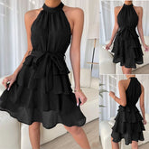 Hoobd Women Soild Ruffle Design Dress Halter Neck Dress Casual Sweet Style Dress Grace Sleeveless Dress Women Summer Dress