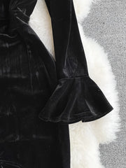 Autumn Women Black Mesh Patchwork Velvet Party Dress Elegant Stand Collar Flare Long Sleeve Ruffle Mermaid Robe Female 2023 New