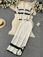 Korean Spring Summer Vacation Style Knitted Twi Piece Set Women Chic Hollow out Sweater Cardigan +Long Maxi Skirt Sets