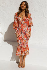 2023 Spring Midi Dress V-neck Long Sleeve Ruffled Trumpet Dress Floral Printed Boho Vestido Feminino Cotton Mermaid Dress