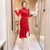 Stand Collar Long Sleeve Purple Velvet Dress
