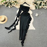 Women Chic Ruffle Long Sleeve Diagonal Collar Ribbon Sexy Slim Split Dress Vintage Fashion Vestido Elegant Hip Wrap Dress