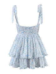 Fashion Women Spaghetti Strap Ruffle Cake Chiffon Dress Sexy Ladies Floral Print Holiday Party Mini Dress Summer Robe