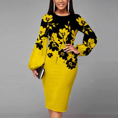 Hoobd Vintage Floral Printed Dress Women Fashion Spring O-neck Long-sleeved Slim Dress Elegant Casual Lady Party Dresses Vestido