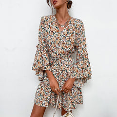 2023 European and American Fashion Temperament Commuter Women's New V-neck Pullover Print Long Sleeve Early Autumn Dress Women