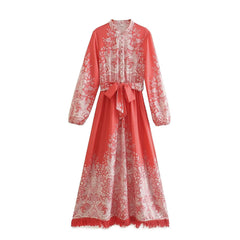 Hoobd New Spring Women Vintage Floral Print Tassel Dress With Belt Ladies Elegant A-line Long Dress