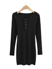 Women Fashion Slim-fit Solid Mini Dress Vintage O-Neck Long Sleeves Single Breasted Female Chic Lady Dresses