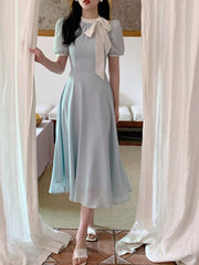 2023 Summer Elegant Midi Dress Women Casual Short Sleeve Beach Even Party Dress Office Lady Pure Color One Piece Dress Korean