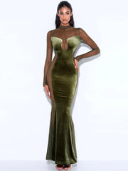 Elegant See Through Patchwork Maxi Dress for Women Gown Full Sleeve Fashion Zipper Velvet Bodycon Long Dresses Vestido