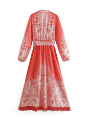 Hoobd New Spring Women Vintage Floral Print Tassel Dress With Belt Ladies Elegant A-line Long Dress