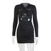Autumn Hollow Out Mini Dress For Women Fashion Robe Black Long Sleeve Bodycon Ruched Short Dress Vestido