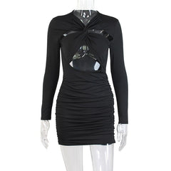 Autumn Hollow Out Mini Dress For Women Fashion Robe Black Long Sleeve Bodycon Ruched Short Dress Vestido
