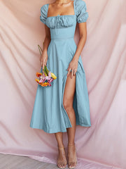 Puff Sleeve White Dress Off Shoulder Cut out Tie up Side Split Ruched Long Dress robe femme Summer Dress for Women