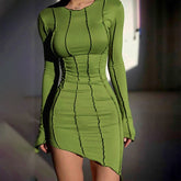 2024 Club Striped Y2K Mini Bodycon Party Dress Autumn Irregular O Neck Women Long Sleeve Club Dress Fall Dress