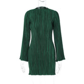 Elegant Flare Sleeve O Neck Pleated Mini Dress for Women Robe Autumn Long Sleeve Ruched Short Dresses Clubwear Vestido