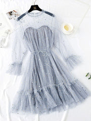New Female O-neck Stars Sequined Mesh Shiny Fairy Dress Women Elegant Bling Gauze Princess Puff Dresses Vestidos De Fiesta