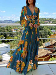 Hoobd Elegant Printed Chiffon Party Dress Women Sexy V-neck Split Boho Long Dress Casual Long Sleeve Crossover Belt Beach Cover Up