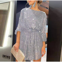 Hoobd Women Solid Sexy Sequins Mini Dress Female Fashion Long Sleeve Clothes Lady Elegant Evening Party Club Festival Dress