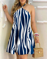 Hoobd Spring Summer Fashion Women's Dress Sexy Off Shoulder Neck Strap Loose Dress Stripe Flower Print All Season Mid Length Dress