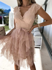 Hoobd Women Elegant V Neck Lace Patchwork Solid Party Dress Sexy Sleeveless Lady Summer Mesh Ruffle Dress Cute Princess Lace-Up Dress