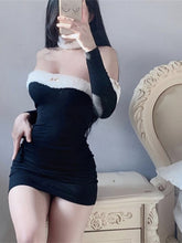 Cute Loli Tight Mini Dress Strapless Long Sleeve Slim Hip High Waist New Sexy Sweet Spicy Black Elegant Korean 8G3B
