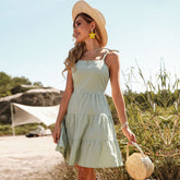2023 New Summer Women's Green Crinkled Cotton Linen Slip Dress For Ladies Halter Solid Color A Line Causal Dresses