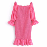 Foridol Off Shoulder Women Sexy Rose Red Midi Dress Long Sleeve Ruffles Trimmed Elastic Smocking Beach Summer New 2023