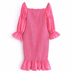Foridol Off Shoulder Women Sexy Rose Red Midi Dress Long Sleeve Ruffles Trimmed Elastic Smocking Beach Summer New 2023