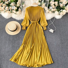 Women's Elegant Long Dress Spring and Summer Bubble Long Sleeve Pleated Belt Long Skirt 2023 Ladies French Temperament New Dress