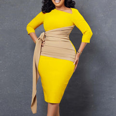 Hoobd Elegant Dresses for Women Office Dress Lady Solid High Waisted Sheath Mid Calf Formal Business Work Wear Dress Midi Vestidos Hot