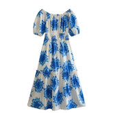 Hoobd New 2023 Women Floral Print Sexy Off Shoulder Dress Vintage Short Puff Sleeve Elastic Waist Female Holiday Summer Dress