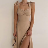 Hoobd Elegant Slit Midi Dress Outfits For Women Summer Holiday Sundresses Sexy Backless Bow Tie Gown Vestido