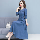 V-neck Elegant Fashion Long Sleeve Button Elastic Waist Belt Dress