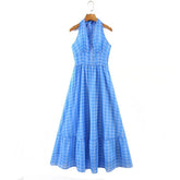 Romantic Women Blue Plaid Halter Long Dress Sexy Backless Sleeveless Ladies Holiday Summer Dresses Fairy Robe