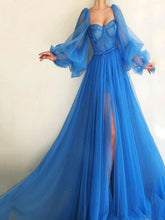 Hoobd Simple Blue Prom Dresses Long Puff Sleeves Exposed Boning Illusion Evening Dresses High Slit Tulle A-Line Formal Gowns
