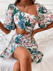 Hoobd Fashion Hollow Puff Sleeve Slim Party Dress Summer Picnic A-Line Casual Dress Women Elegant Square Neck Floral Print Mini Dress