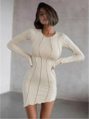 Sexy Solid Patchwork O Neck Mini Dress Women Autumn Bodycon Long Sleeve Slim Fit Elegant Party Club Vestido