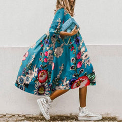 Women Floral Print Sundress Summer Elegant Loose O Neck Half Sleeve Long Dresses Female Beach Party Dress Vestidos Casual Robe