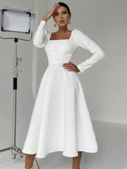 Backless Square Collar Vintage Midi Dress Women Long Sleeve Sexy Elegant White Dress For Party 2023 New Arrivals
