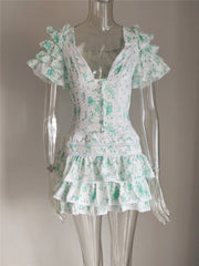 Summer and Autumn Short Sleeve Ruffle Pink V-neck Sexy Mini Dress