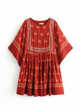 Hoobd Vintage Chic Fashion Women Red Floral Print O-neck Loose Bohemian Mini Dresses Ladies Batwing Sleeve Cotton Beach Boho Dress