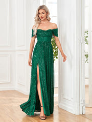 2023 Women Green Sexy Off-shoulder Sequin Dress Elegant Evening Dress Party Maxi Dress Split Ladies Trailing Dresses