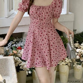 Korean Chic Dress Elegant Temperament New 2024 Woman Japan Floral Print V Neck A Line Lace-Up Bow Tie Retro Vintage Cute Dress