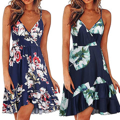 Hoobd S-2XL 17Colors Print Ruffles Sleeveless Fit Flare Dress Casual V-Neck Women Beach Party Entertainment Daily Suspender Wear