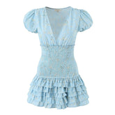 High Quality 2023 Holiday Summer Short Sleeve Blue Floral Women Ruffled A-line Mini Dress